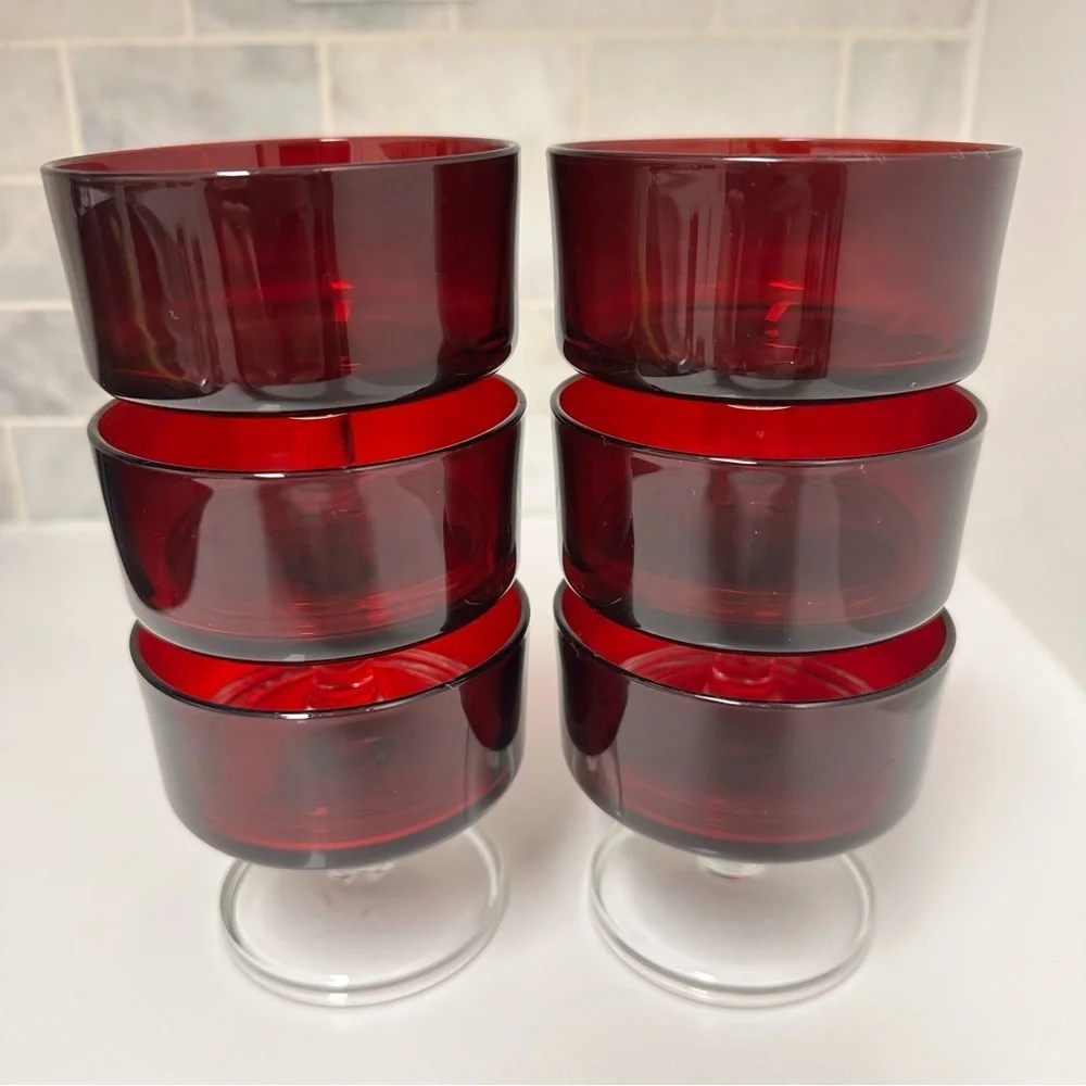 6 Vintage MCM Ruby Red Arcoroc Dessert Sorbet Cups Clear Stem Holiday Best EUC